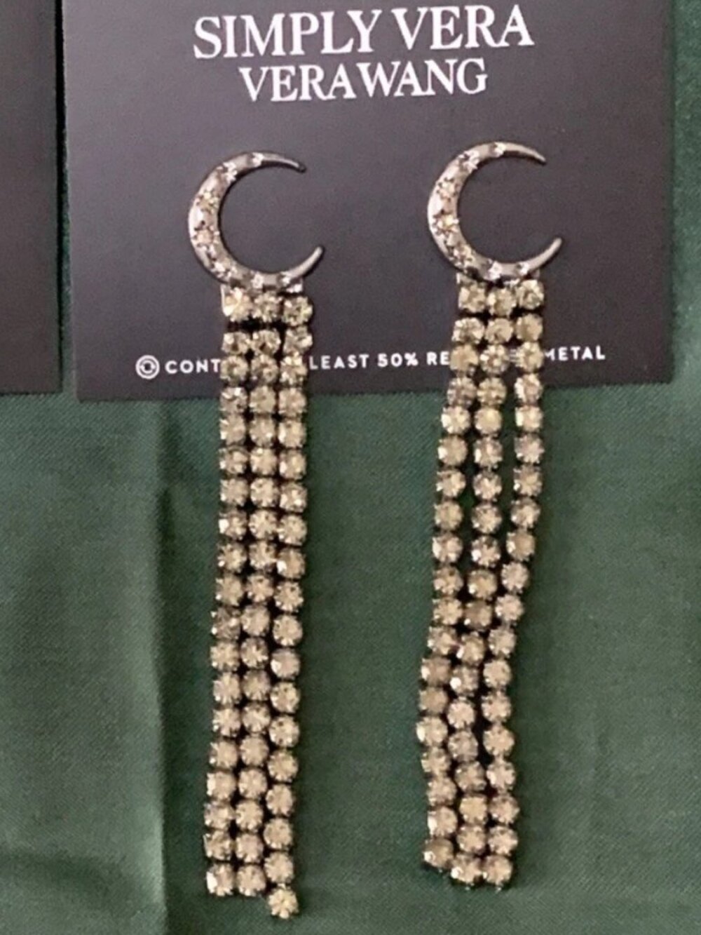 VERA WANG Celestial Crescent Moon Gunmetal Crystals Chains Drop Earrings**NEW!